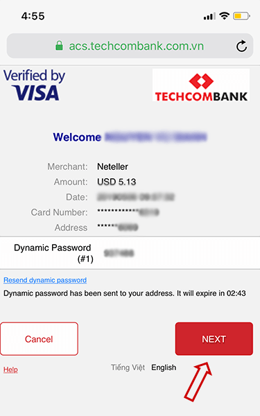 Nhập mã OTP Verified by Visa