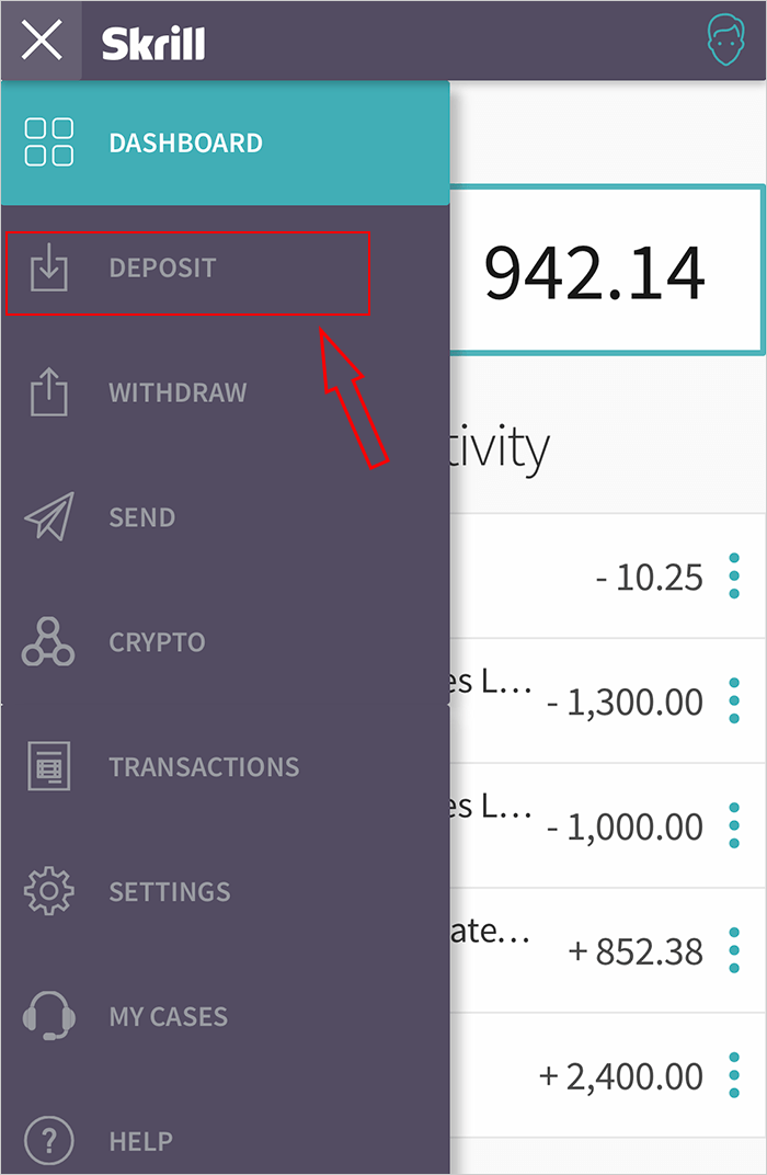 Vào mục Deposit trên ví Skrill