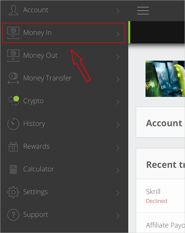 Vào mục Money In trên Neteller