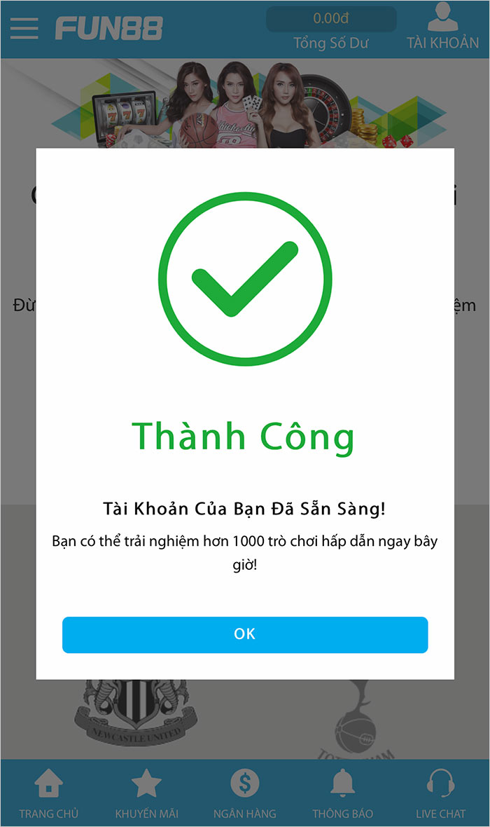 Thông báo tạo tài khoản Fun88 thành công