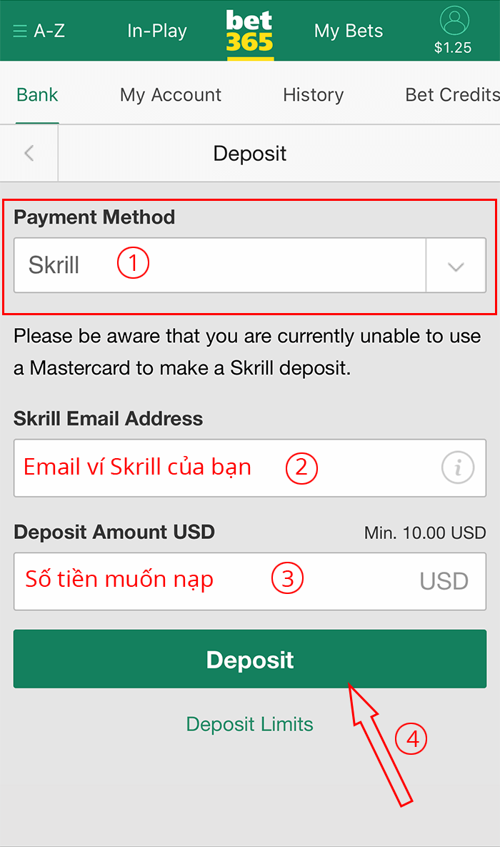 chọn cách nạp tiền vào bet365 bằng Skrill
