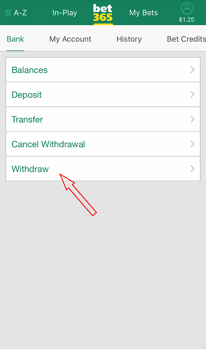 Rút tiền từ bet365 bằng cách chọn Withdraw