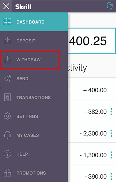 Vào mục Withdraw trên Skrill để rút tiền