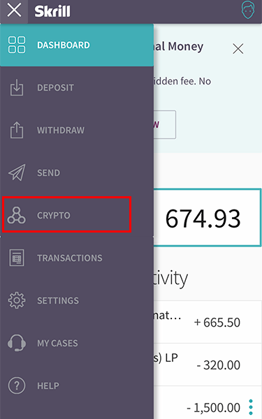 Giao dịch tiền điện tử tại mục Crypto trên ví Skrill
