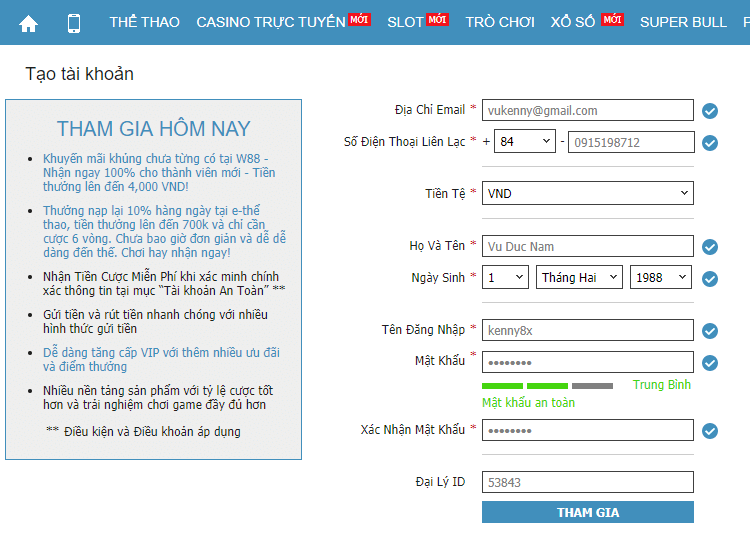 điền thông tin đăng ký tài khoản W88