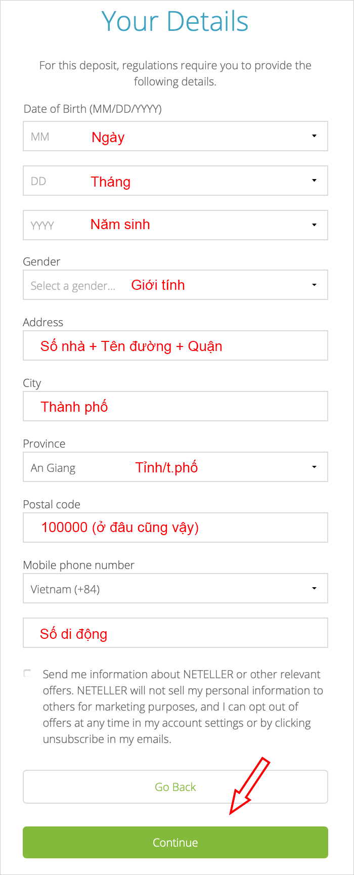 điền thông tin cá nhân để tạo tài khoản Neteller